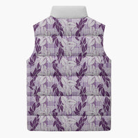 Hawaii Ti Leaf Maile Tuberose Lei Sleeveless Puffer Jacket With Hanalei Leaf Purple