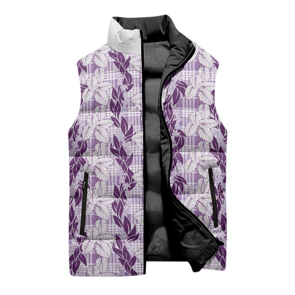 Hawaii Ti Leaf Maile Tuberose Lei Sleeveless Puffer Jacket With Hanalei Leaf Purple