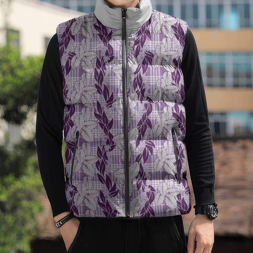 Hawaii Ti Leaf Maile Tuberose Lei Sleeveless Puffer Jacket With Hanalei Leaf Purple