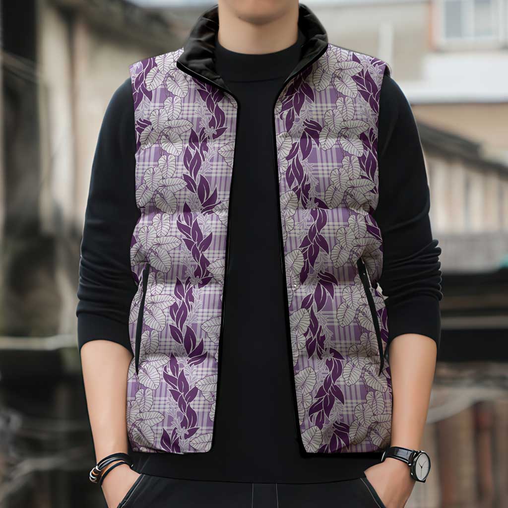 Hawaii Ti Leaf Maile Tuberose Lei Sleeveless Puffer Jacket With Hanalei Leaf Purple