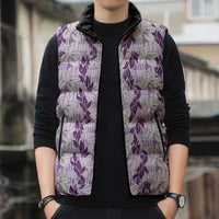 Hawaii Ti Leaf Maile Tuberose Lei Sleeveless Puffer Jacket With Hanalei Leaf Purple