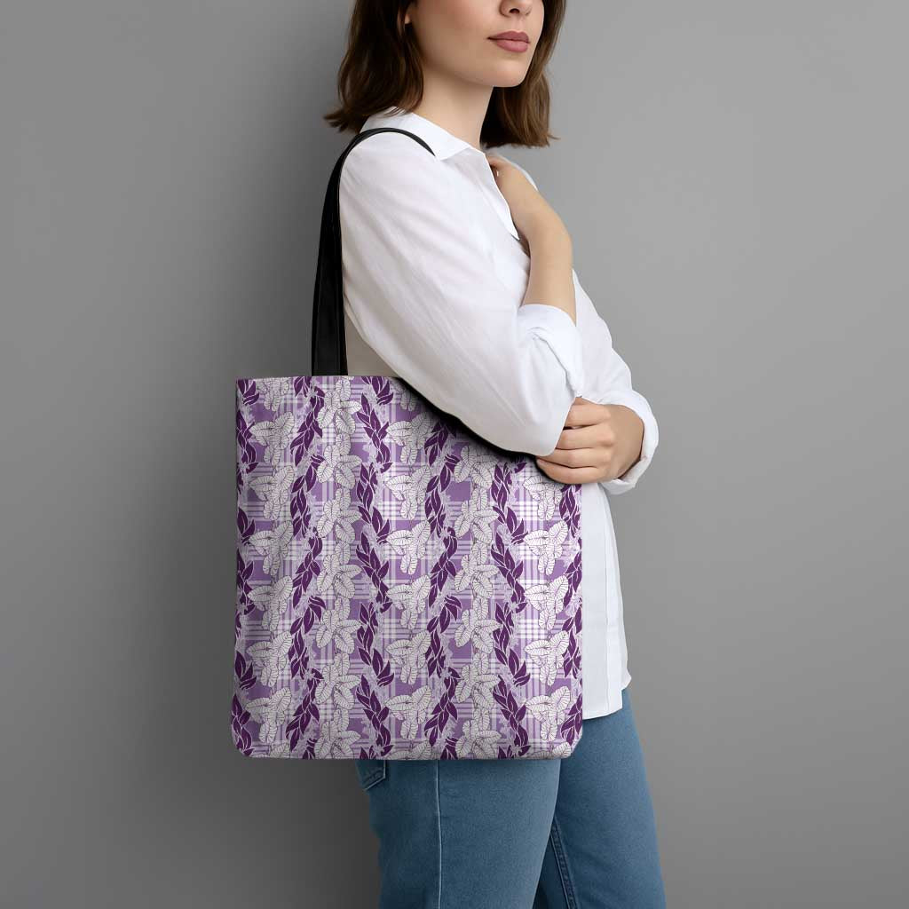 Hawaii Ti Leaf Maile Tuberose Lei Tote Bag With Hanalei Leaf Purple