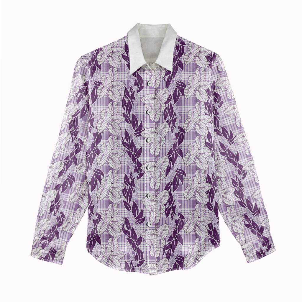 Hawaii Ti Leaf Maile Tuberose Lei Women Casual Shirt With Hanalei Leaf Purple LT05 - Polynesian Pride