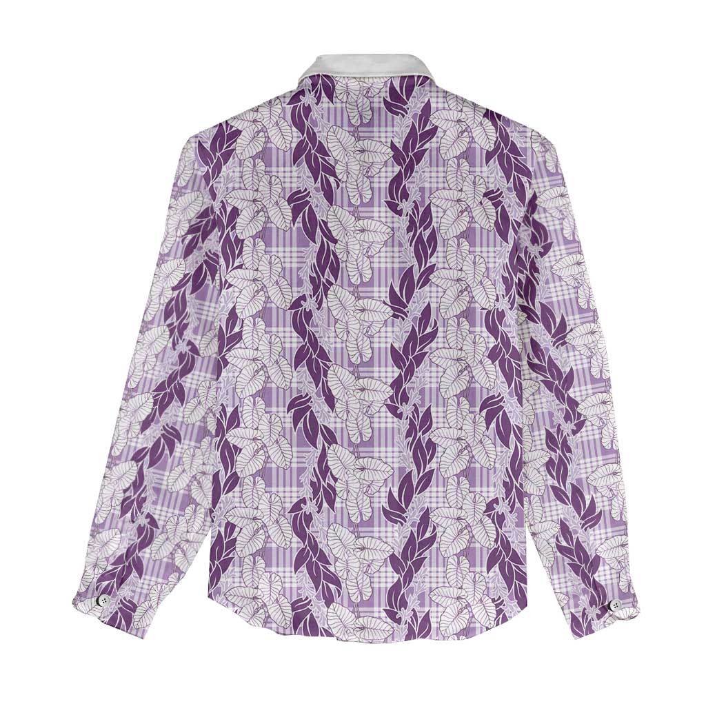 Hawaii Ti Leaf Maile Tuberose Lei Women Casual Shirt With Hanalei Leaf Purple LT05 - Polynesian Pride