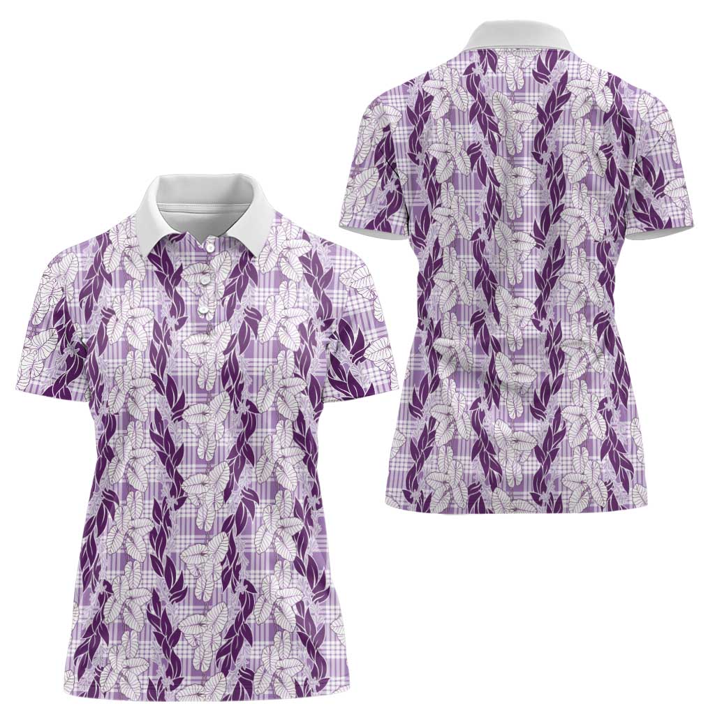Hawaii Ti Leaf Maile Tuberose Lei Women Polo Shirt With Hanalei Leaf Purple LT05 - Polynesian Pride