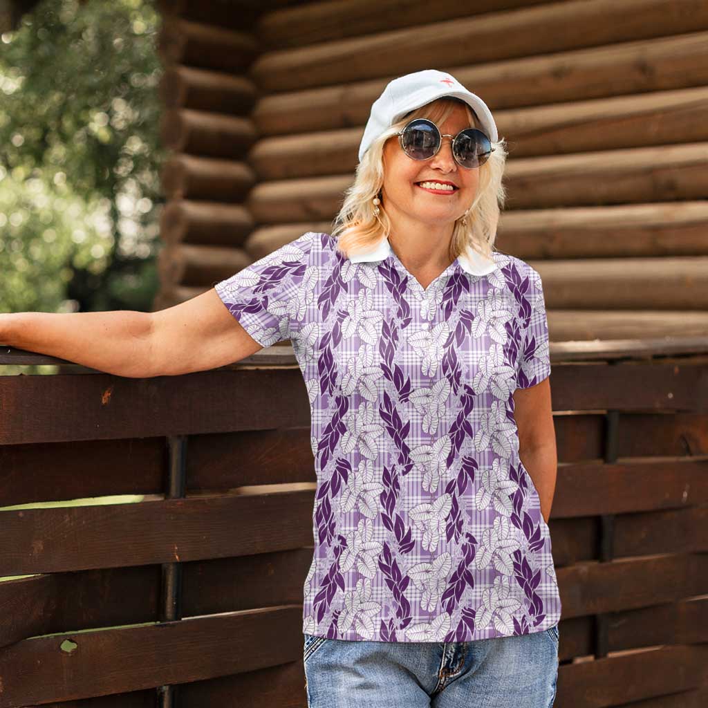 Hawaii Ti Leaf Maile Tuberose Lei Women Polo Shirt With Hanalei Leaf Purple LT05 - Polynesian Pride