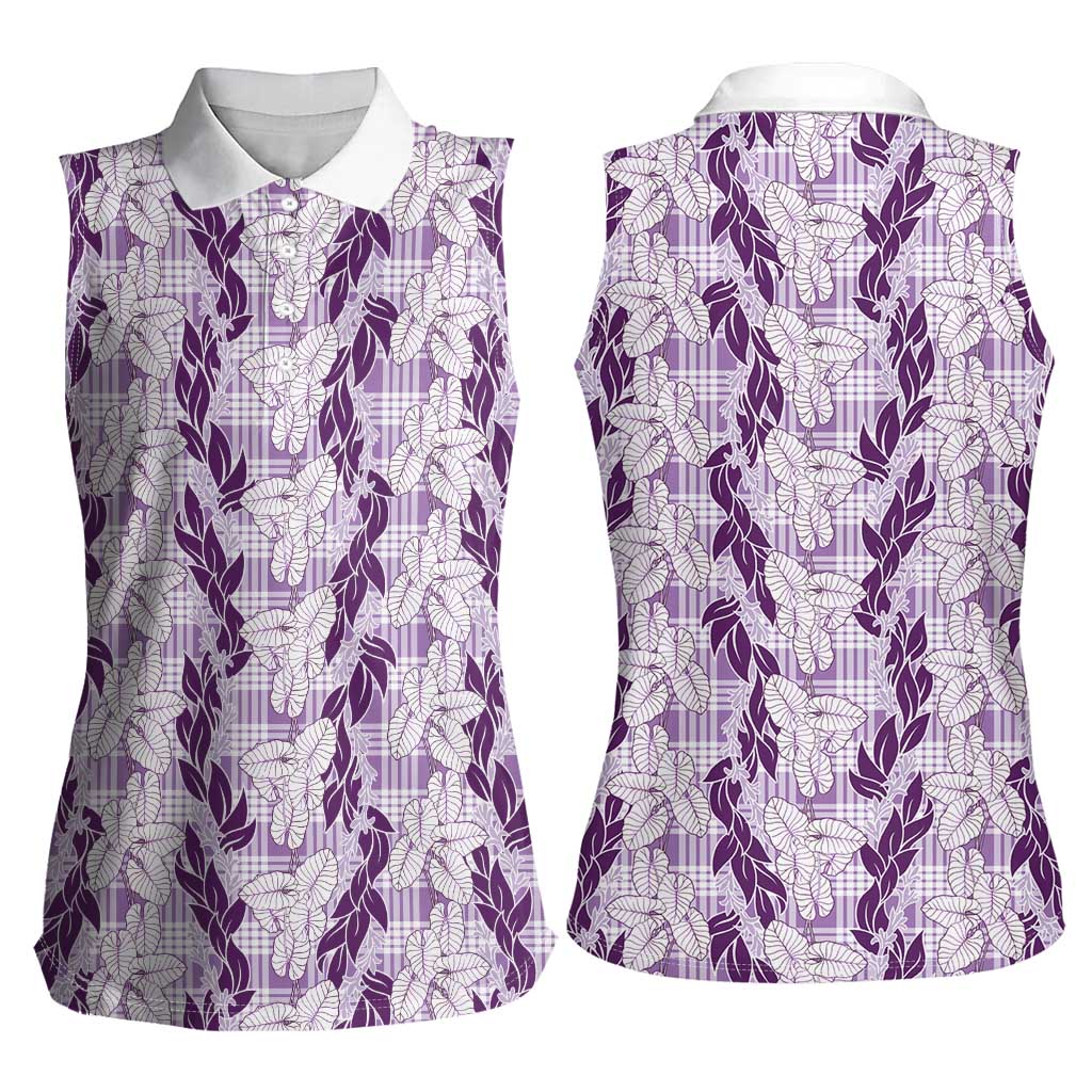 Hawaii Ti Leaf Maile Tuberose Lei Women Sleeveless Polo Shirt With Hanalei Leaf Purple LT05 - Polynesian Pride