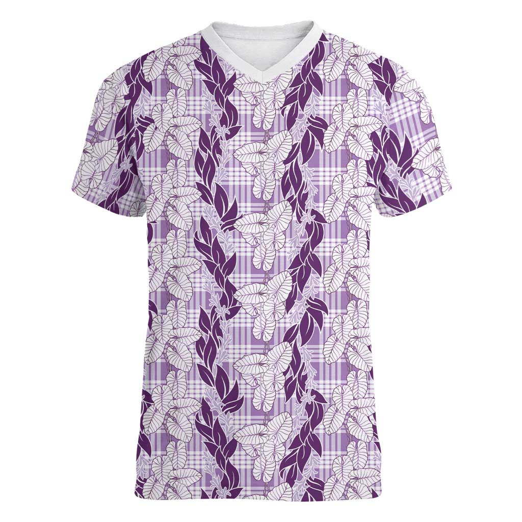 Hawaii Ti Leaf Maile Tuberose Lei Women V-Neck T-Shirt With Hanalei Leaf Purple LT05 Female Purple - Polynesian Pride