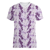 Hawaii Ti Leaf Maile Tuberose Lei Women V-Neck T-Shirt With Hanalei Leaf Purple LT05 Female Purple - Polynesian Pride