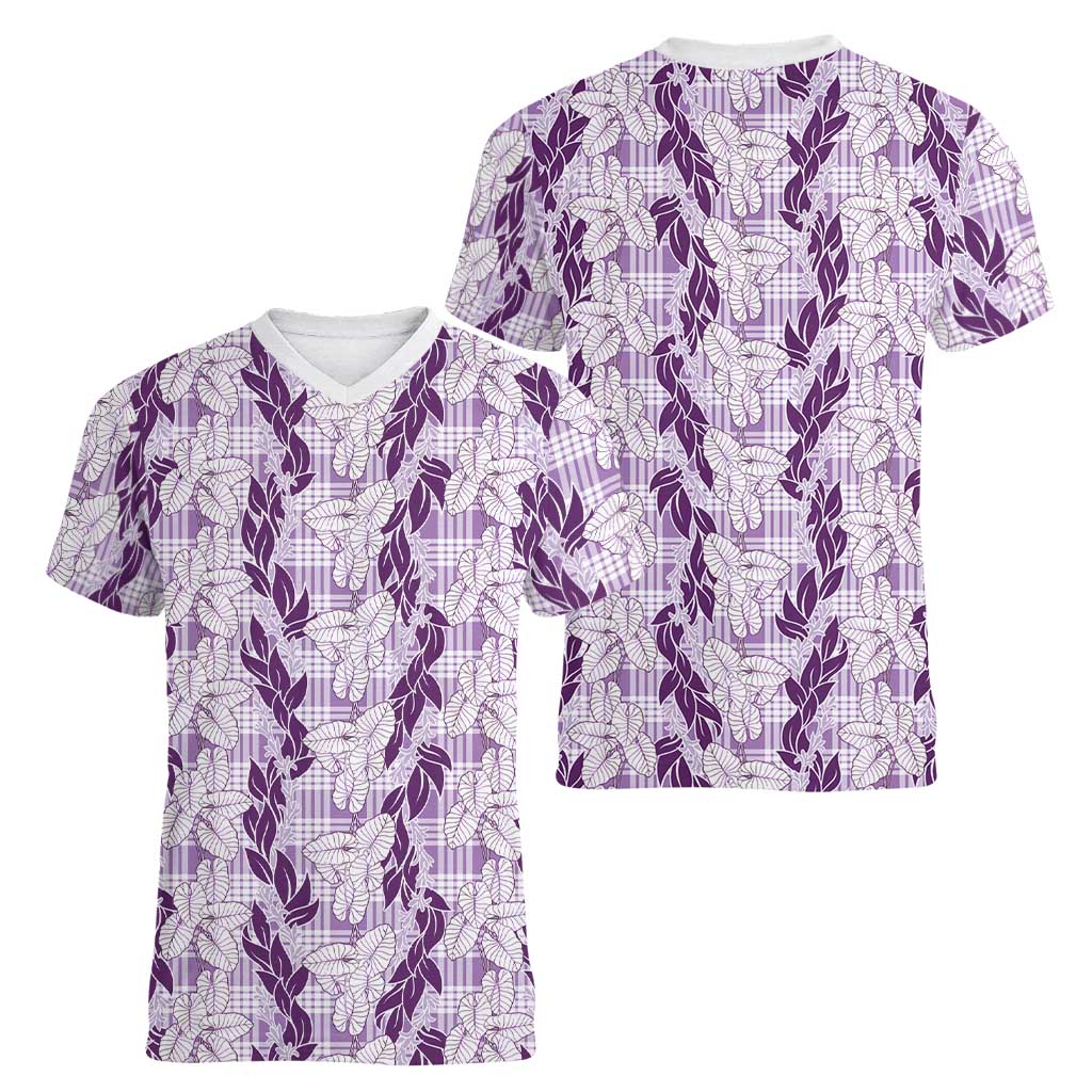 Hawaii Ti Leaf Maile Tuberose Lei Women V-Neck T-Shirt With Hanalei Leaf Purple LT05 - Polynesian Pride