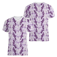 Hawaii Ti Leaf Maile Tuberose Lei Women V-Neck T-Shirt With Hanalei Leaf Purple LT05 - Polynesian Pride