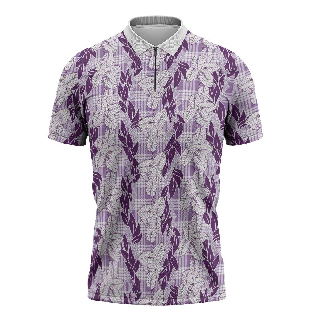 Hawaii Ti Leaf Maile Tuberose Lei Zipper Polo Shirt With Hanalei Leaf Purple LT05 Purple - Polynesian Pride