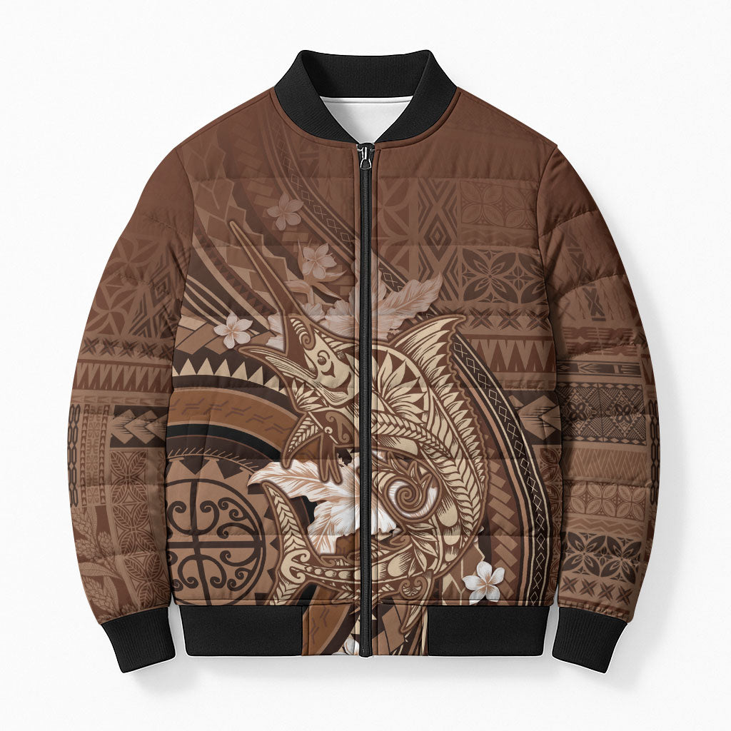 Samoa Tatau Marlin Bomber Puffer Jacket With Siapo Motifs Brown LT05 Unisex Brown - Polynesian Pride