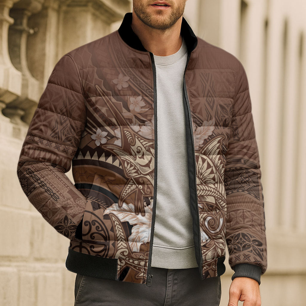 Samoa Tatau Marlin Bomber Puffer Jacket With Siapo Motifs Brown LT05 - Polynesian Pride