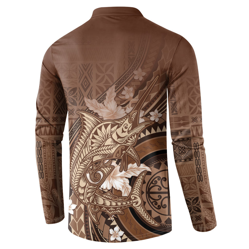 Samoa Tatau Marlin Button Sweatshirt With Siapo Motifs Brown LT05 - Polynesian Pride