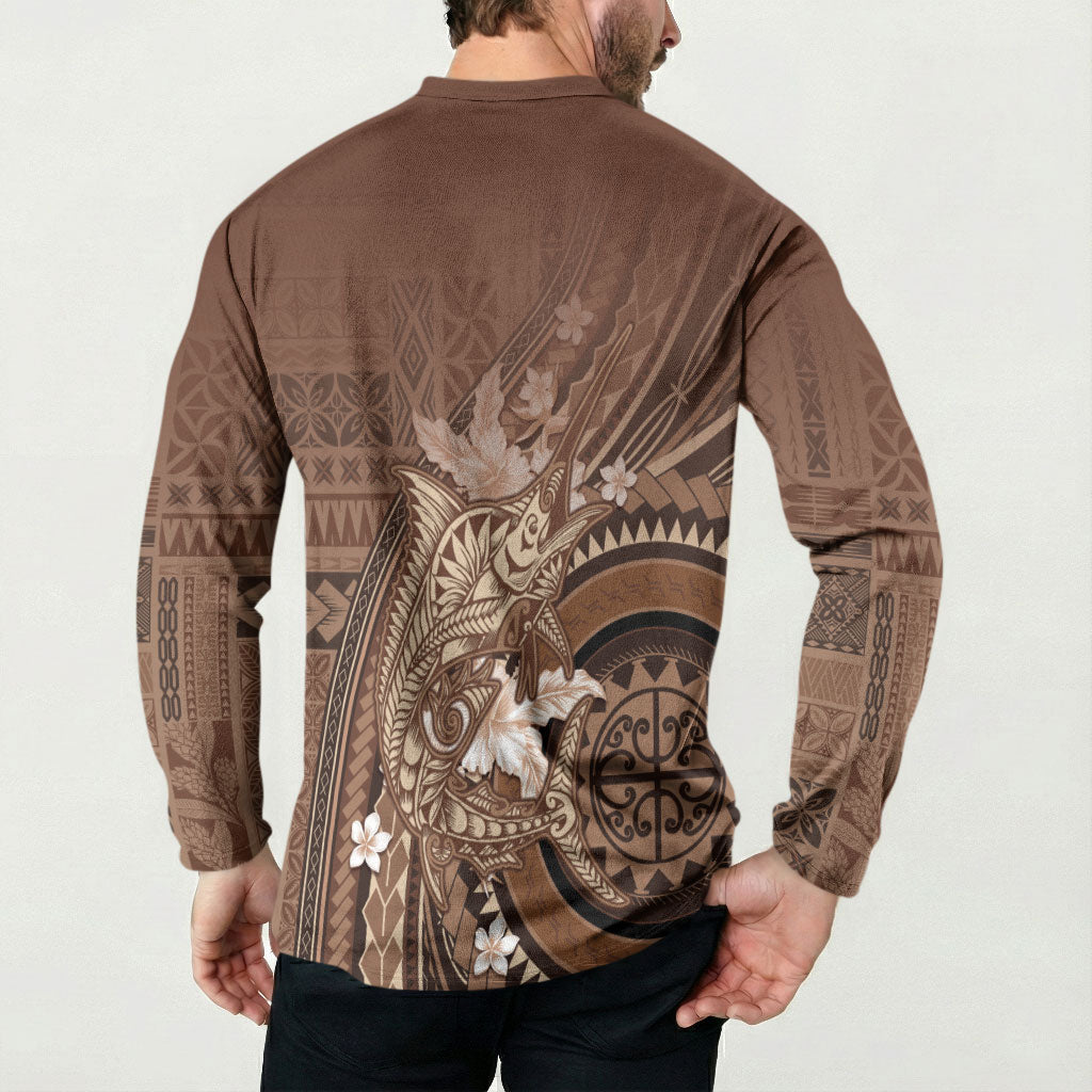 Samoa Tatau Marlin Button Sweatshirt With Siapo Motifs Brown LT05 - Polynesian Pride