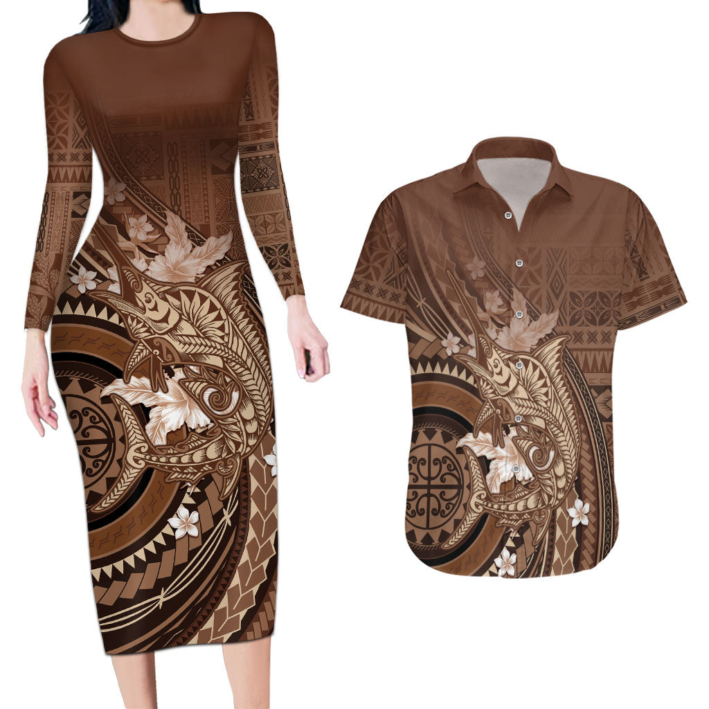 Samoa Tatau Marlin Couples Matching Long Sleeve Bodycon Dress and Hawaiian Shirt With Siapo Motifs Brown LT05 Brown - Polynesian Pride