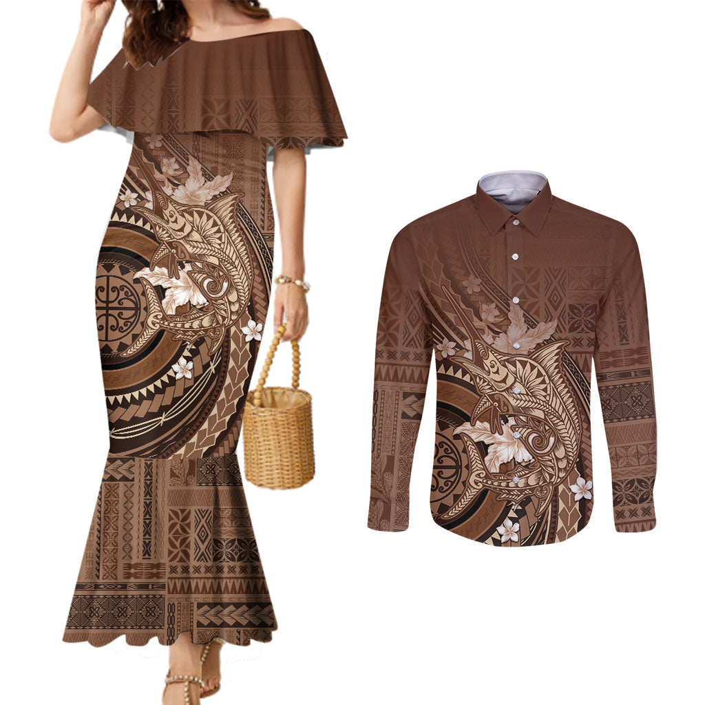 Samoa Tatau Marlin Couples Matching Mermaid Dress and Long Sleeve Button Shirt With Siapo Motifs Brown LT05 Brown - Polynesian Pride