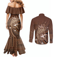 Samoa Tatau Marlin Couples Matching Mermaid Dress and Long Sleeve Button Shirt With Siapo Motifs Brown LT05 - Polynesian Pride