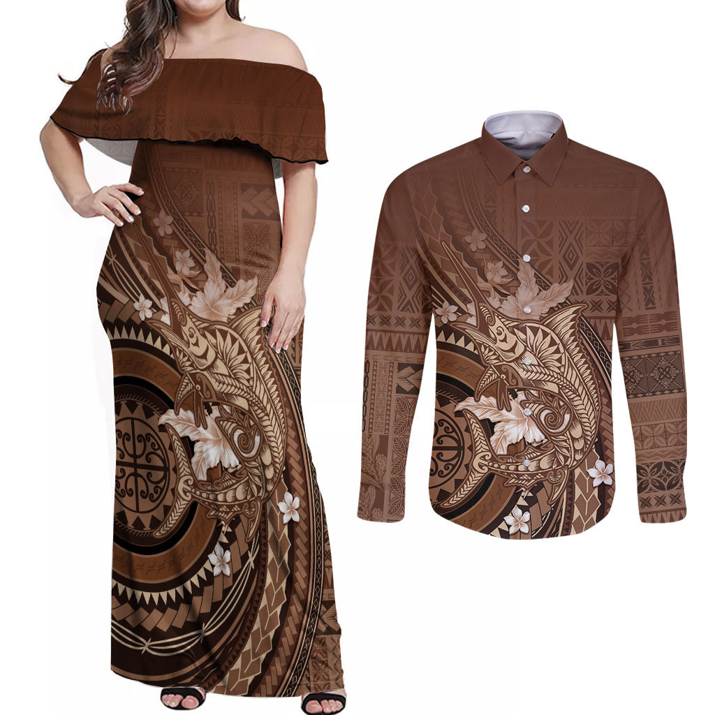 Samoa Tatau Marlin Couples Matching Off Shoulder Maxi Dress and Long Sleeve Button Shirt With Siapo Motifs Brown LT05 Brown - Polynesian Pride