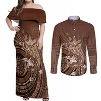 Samoa Tatau Marlin Couples Matching Off Shoulder Maxi Dress and Long Sleeve Button Shirt With Siapo Motifs Brown LT05 Brown - Polynesian Pride