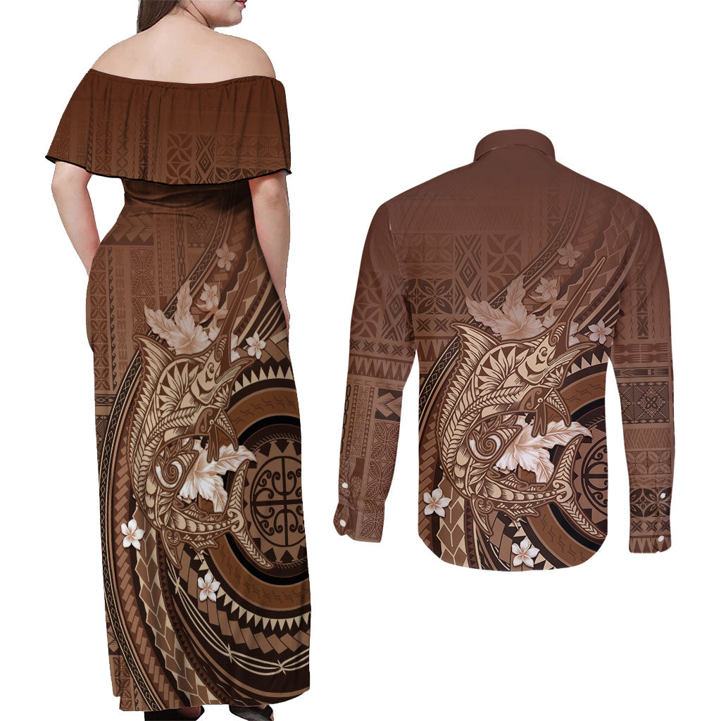 Samoa Tatau Marlin Couples Matching Off Shoulder Maxi Dress and Long Sleeve Button Shirt With Siapo Motifs Brown LT05 - Polynesian Pride