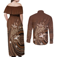 Samoa Tatau Marlin Couples Matching Off Shoulder Maxi Dress and Long Sleeve Button Shirt With Siapo Motifs Brown LT05 - Polynesian Pride