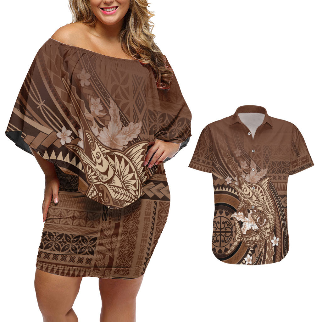 Samoa Tatau Marlin Couples Matching Off Shoulder Short Dress and Hawaiian Shirt With Siapo Motifs Brown LT05 Brown - Polynesian Pride