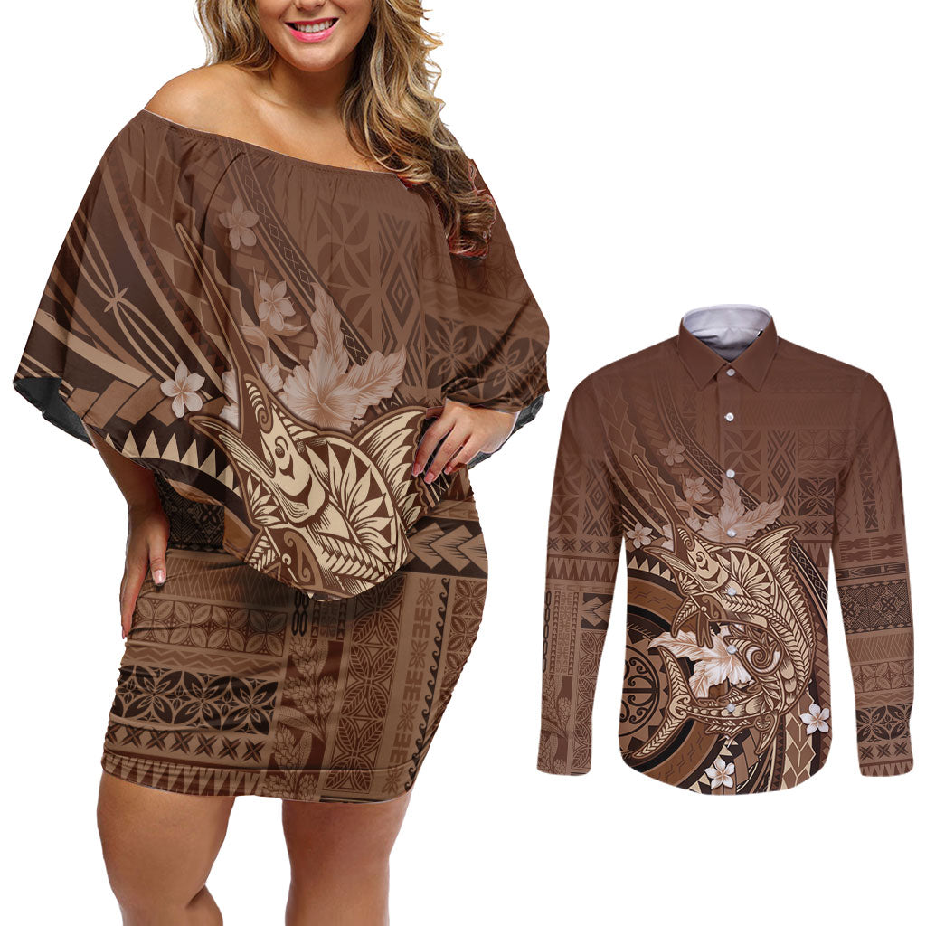 Samoa Tatau Marlin Couples Matching Off Shoulder Short Dress and Long Sleeve Button Shirt With Siapo Motifs Brown LT05 Brown - Polynesian Pride