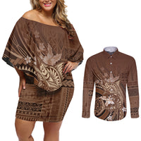 Samoa Tatau Marlin Couples Matching Off Shoulder Short Dress and Long Sleeve Button Shirt With Siapo Motifs Brown LT05 Brown - Polynesian Pride