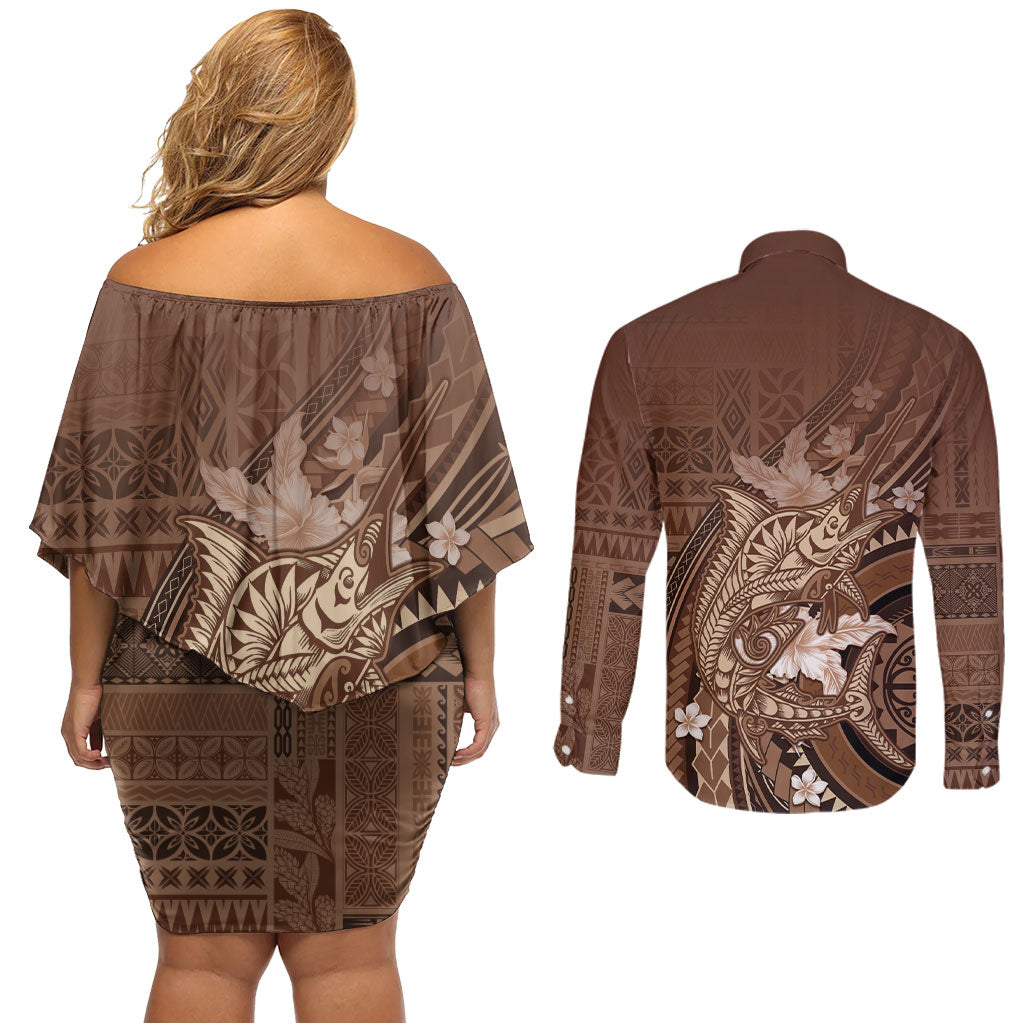 Samoa Tatau Marlin Couples Matching Off Shoulder Short Dress and Long Sleeve Button Shirt With Siapo Motifs Brown LT05 - Polynesian Pride