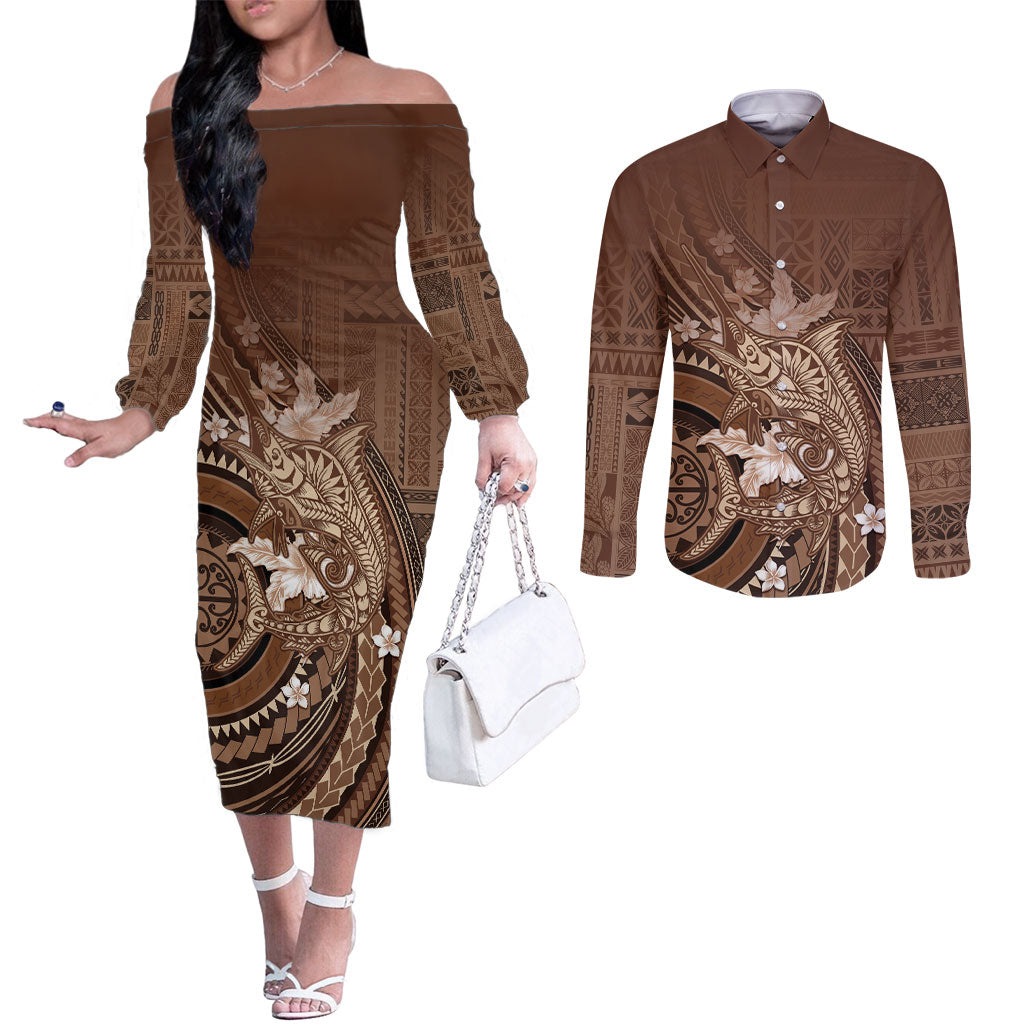Samoa Tatau Marlin Couples Matching Off The Shoulder Long Sleeve Dress and Long Sleeve Button Shirt With Siapo Motifs Brown LT05 Brown - Polynesian Pride