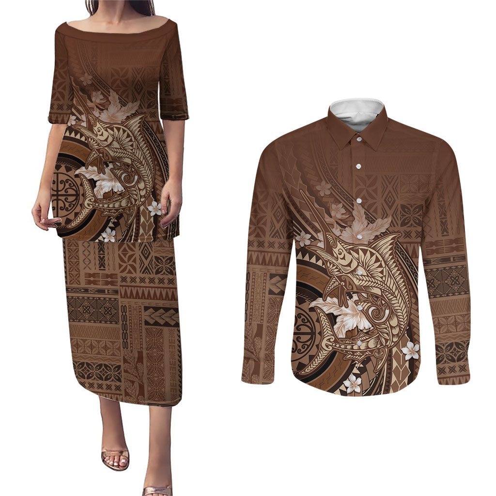 Samoa Tatau Marlin Couples Matching Puletasi and Long Sleeve Button Shirt With Siapo Motifs Brown LT05 Brown - Polynesian Pride