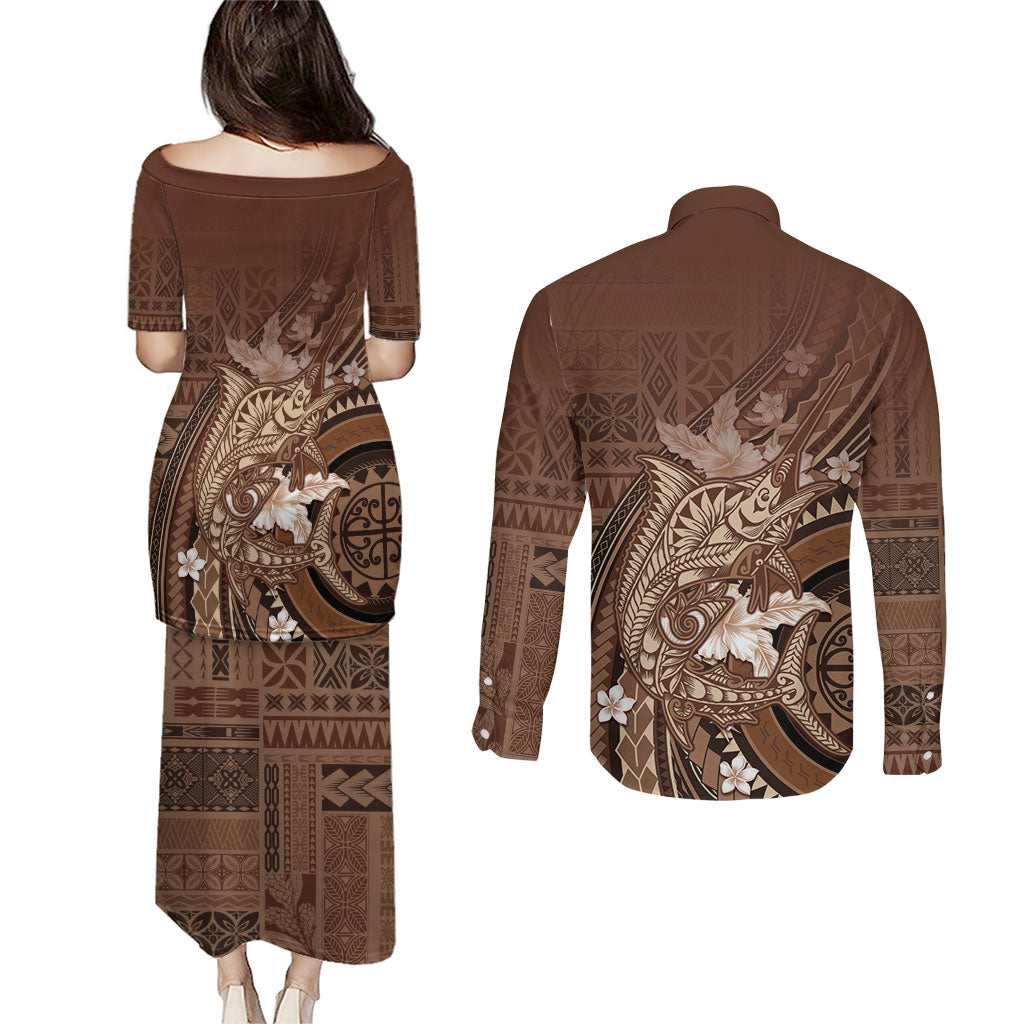 Samoa Tatau Marlin Couples Matching Puletasi and Long Sleeve Button Shirt With Siapo Motifs Brown LT05 - Polynesian Pride