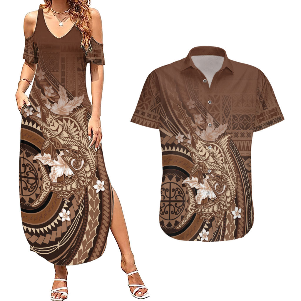 Samoa Tatau Marlin Couples Matching Summer Maxi Dress and Hawaiian Shirt With Siapo Motifs Brown LT05 Brown - Polynesian Pride