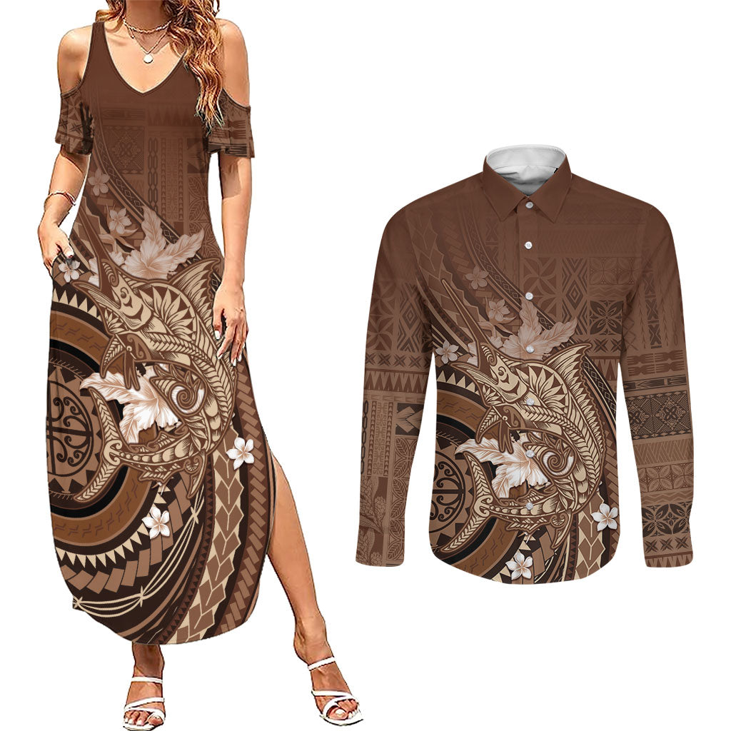 Samoa Tatau Marlin Couples Matching Summer Maxi Dress and Long Sleeve Button Shirt With Siapo Motifs Brown LT05 Brown - Polynesian Pride
