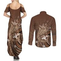 Samoa Tatau Marlin Couples Matching Summer Maxi Dress and Long Sleeve Button Shirt With Siapo Motifs Brown LT05 - Polynesian Pride