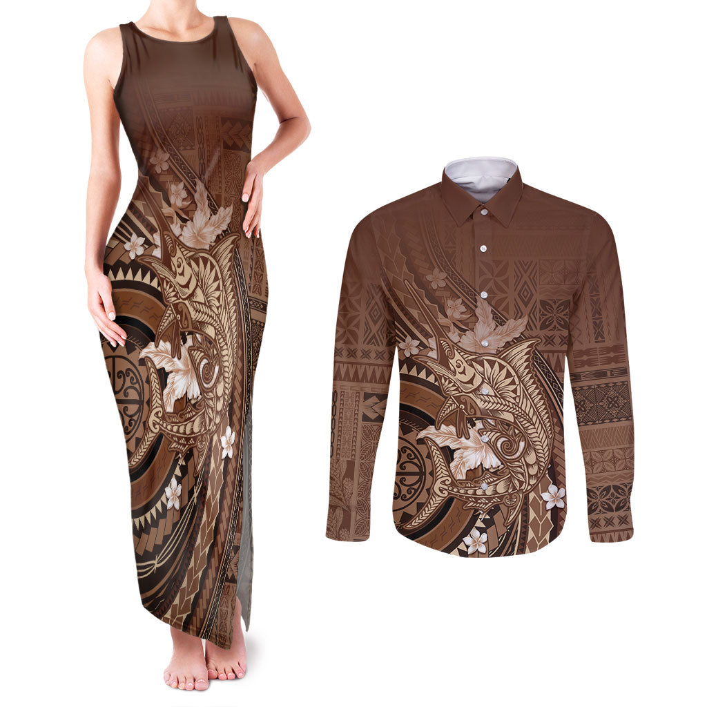 Samoa Tatau Marlin Couples Matching Tank Maxi Dress and Long Sleeve Button Shirt With Siapo Motifs Brown LT05 Brown - Polynesian Pride