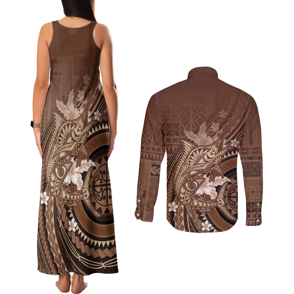 Samoa Tatau Marlin Couples Matching Tank Maxi Dress and Long Sleeve Button Shirt With Siapo Motifs Brown LT05 - Polynesian Pride