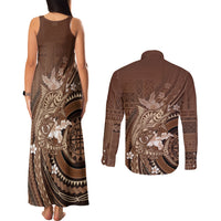 Samoa Tatau Marlin Couples Matching Tank Maxi Dress and Long Sleeve Button Shirt With Siapo Motifs Brown LT05 - Polynesian Pride