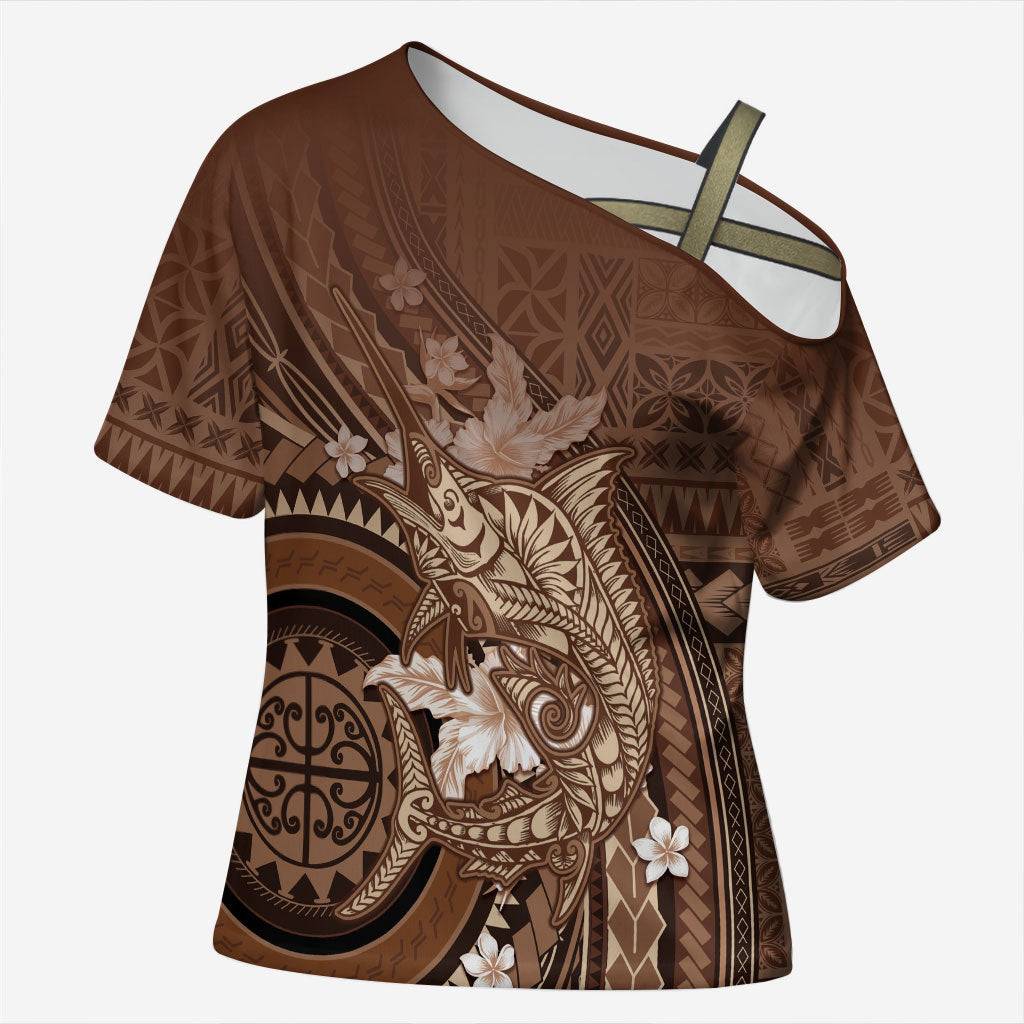 Samoa Tatau Marlin Cross Shoulder Shirt With Siapo Motifs Brown LT05 Female Brown - Polynesian Pride