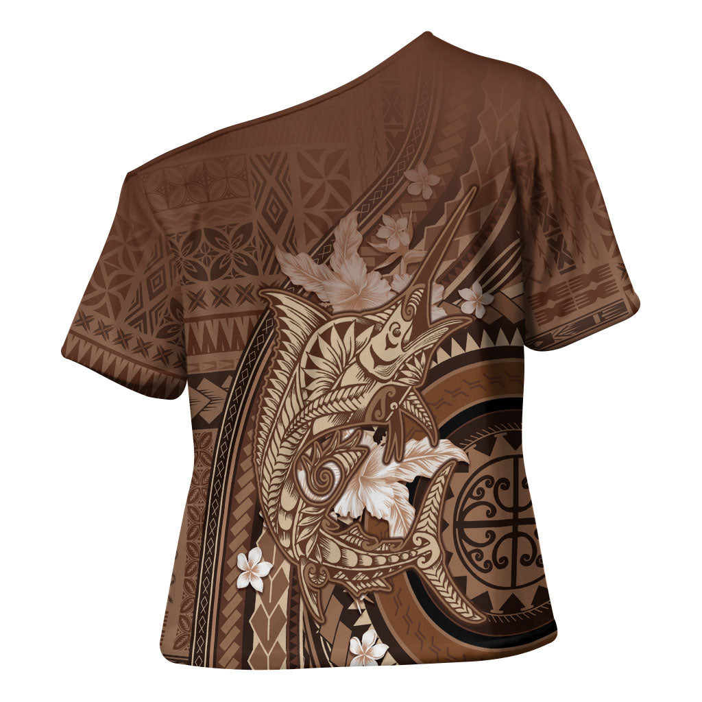 Samoa Tatau Marlin Cross Shoulder Shirt With Siapo Motifs Brown LT05 - Polynesian Pride