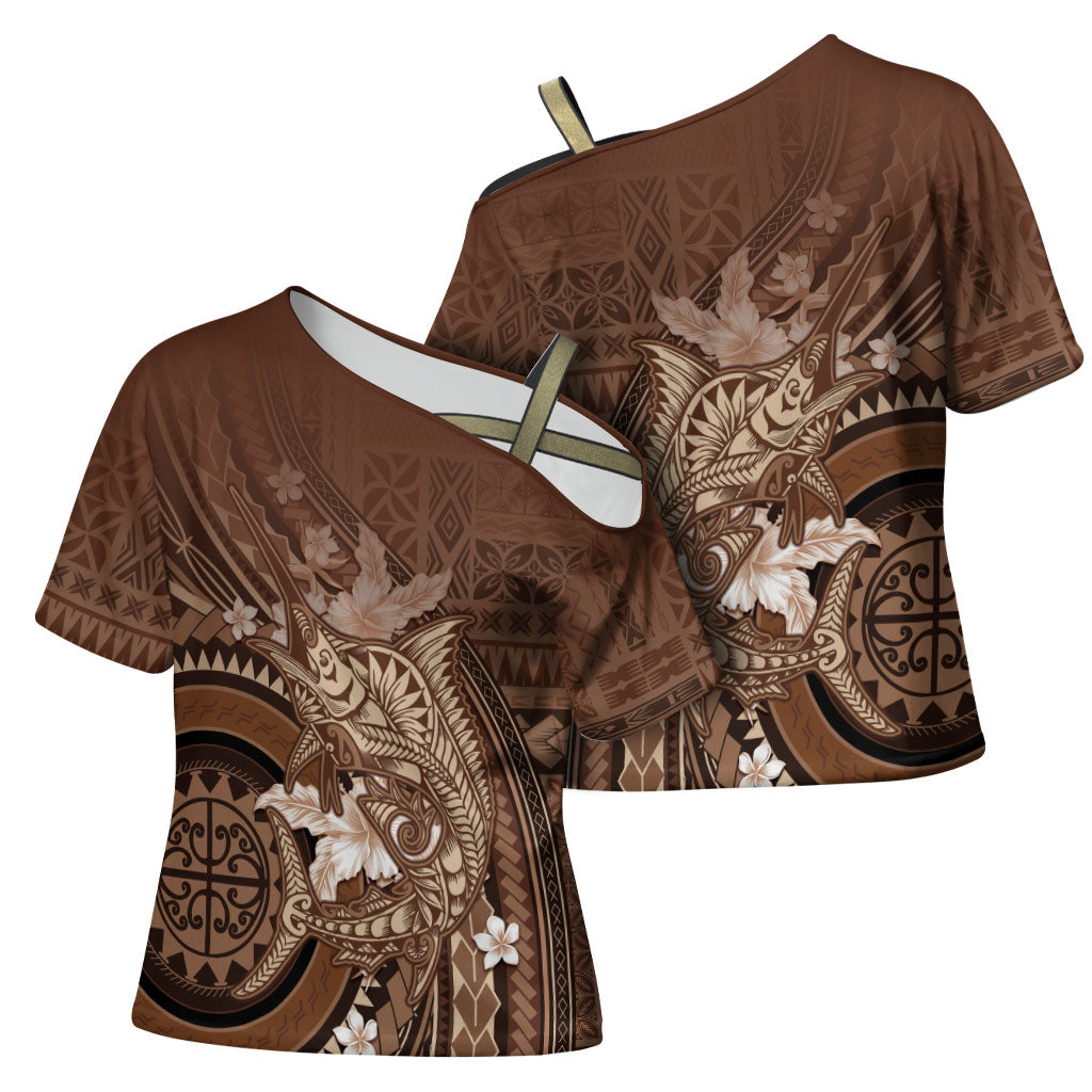 Samoa Tatau Marlin Cross Shoulder Shirt With Siapo Motifs Brown LT05 - Polynesian Pride
