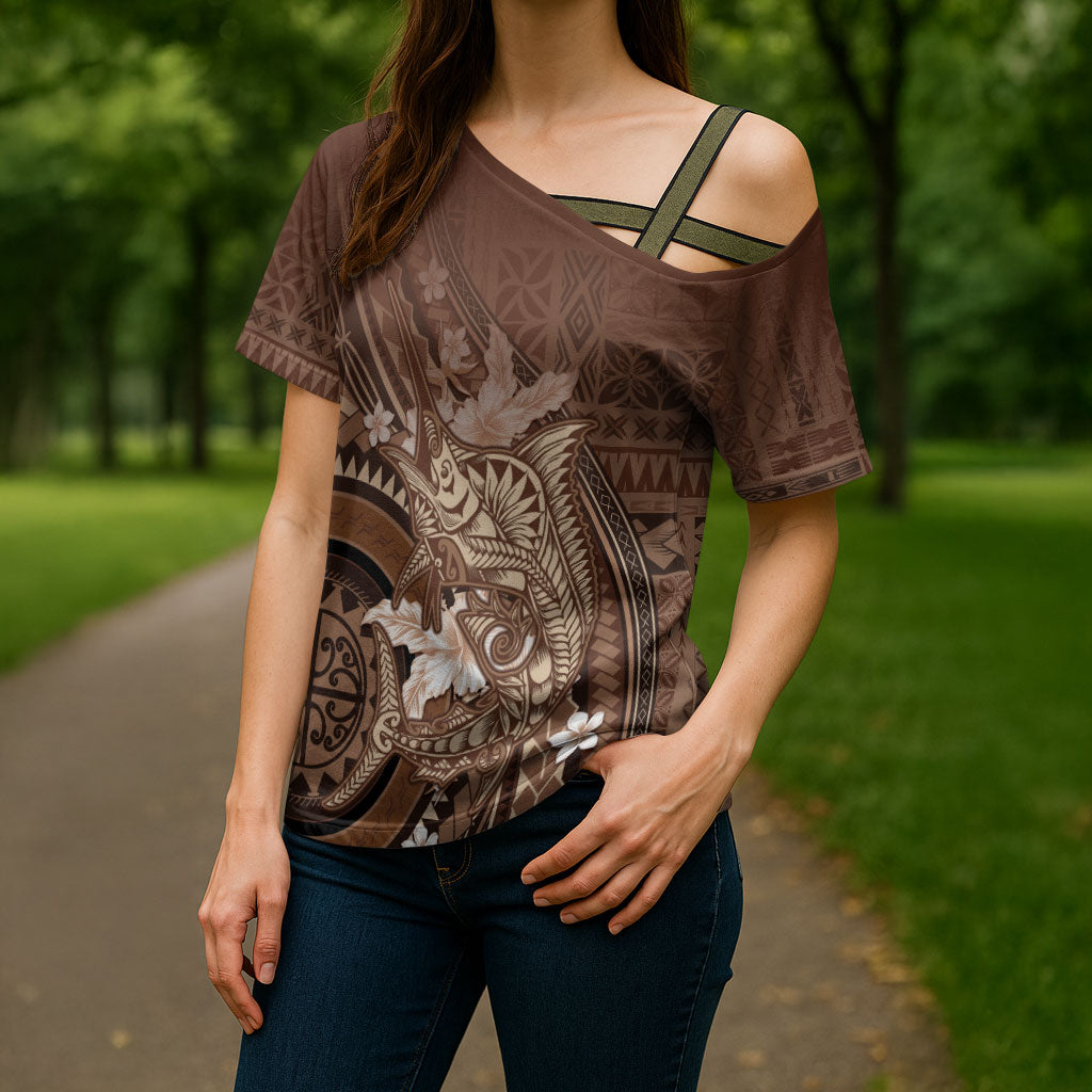 Samoa Tatau Marlin Cross Shoulder Shirt With Siapo Motifs Brown LT05 - Polynesian Pride