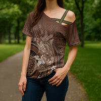 Samoa Tatau Marlin Cross Shoulder Shirt With Siapo Motifs Brown LT05 - Polynesian Pride