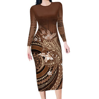 Samoa Tatau Marlin Family Matching Long Sleeve Bodycon Dress and Hawaiian Shirt With Siapo Motifs Brown