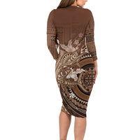 Samoa Tatau Marlin Family Matching Long Sleeve Bodycon Dress and Hawaiian Shirt With Siapo Motifs Brown