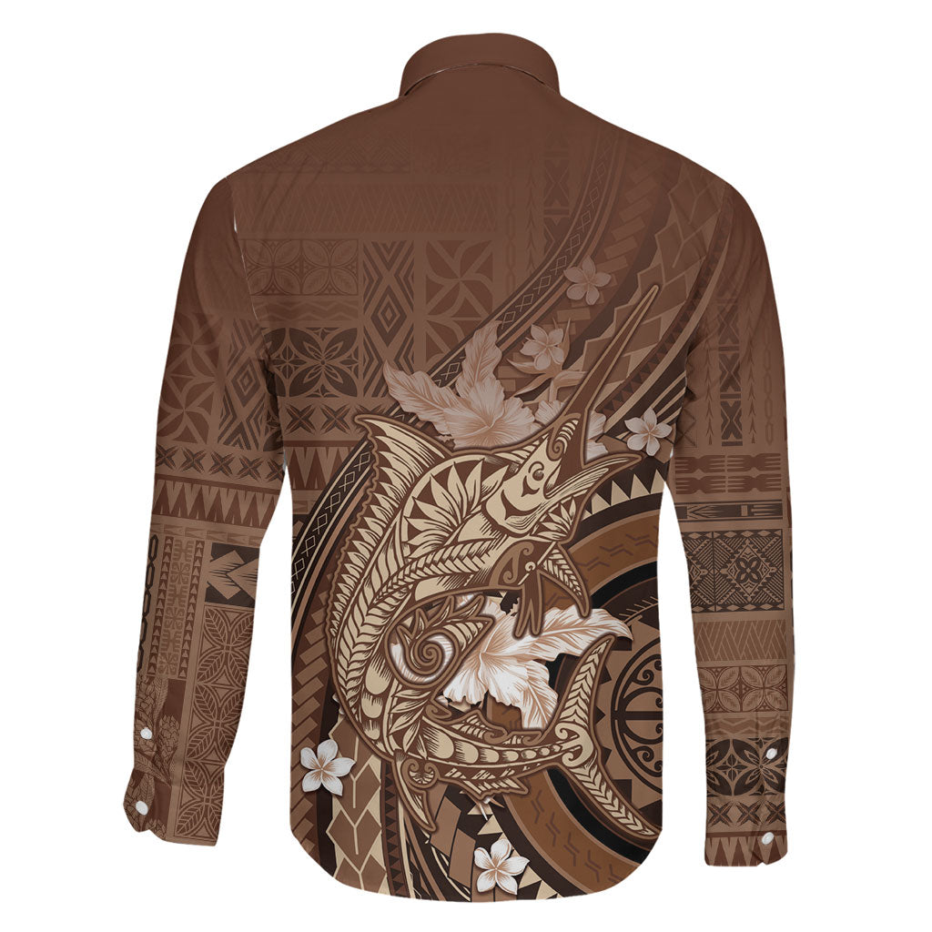 Samoa Tatau Marlin Family Matching Mermaid Dress and Hawaiian Shirt With Siapo Motifs Brown