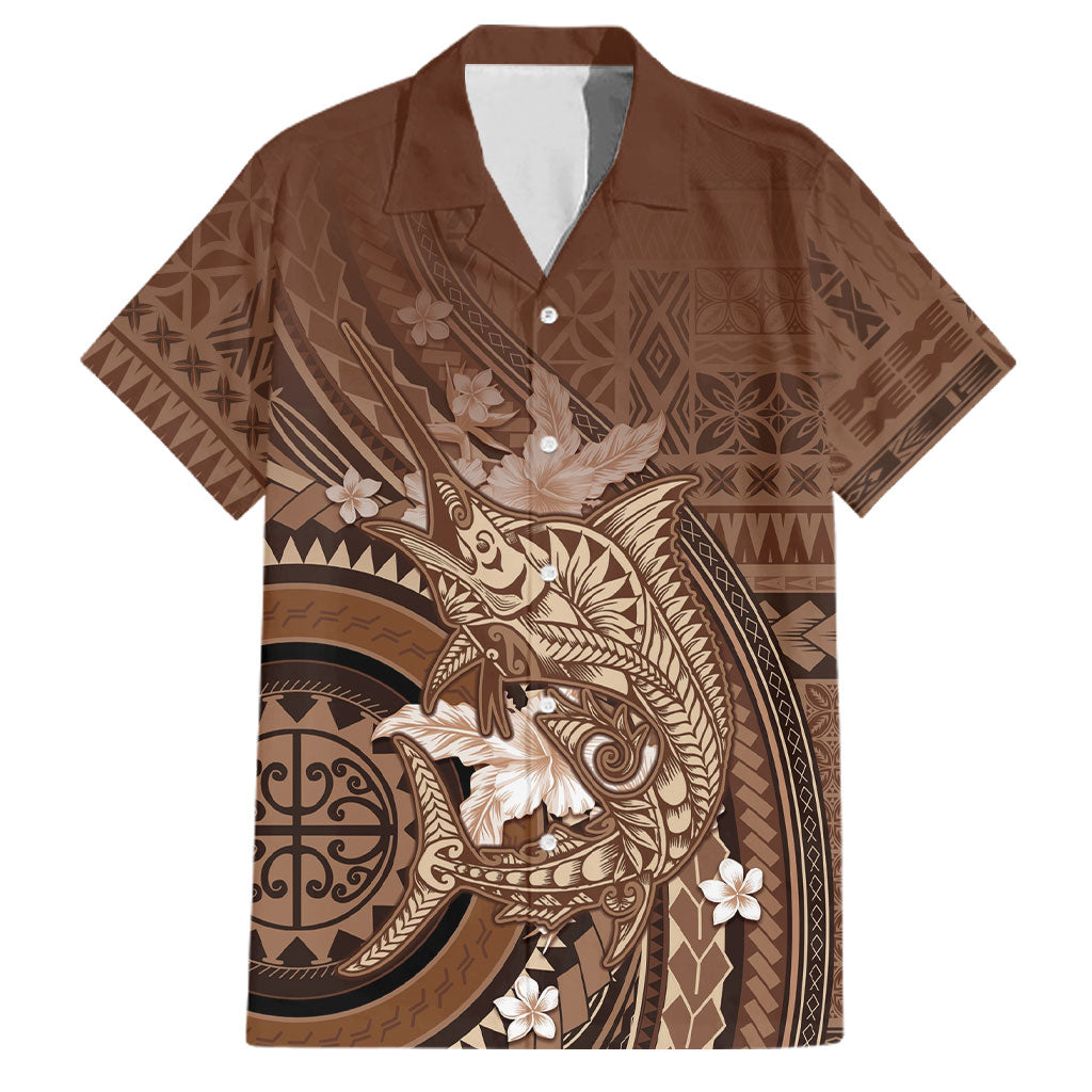 Samoa Tatau Marlin Family Matching Off Shoulder Maxi Dress and Hawaiian Shirt With Siapo Motifs Brown