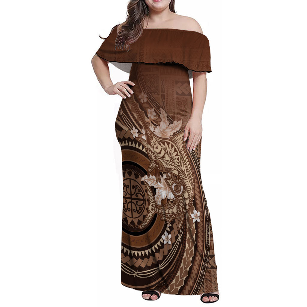 Samoa Tatau Marlin Family Matching Off Shoulder Maxi Dress and Hawaiian Shirt With Siapo Motifs Brown